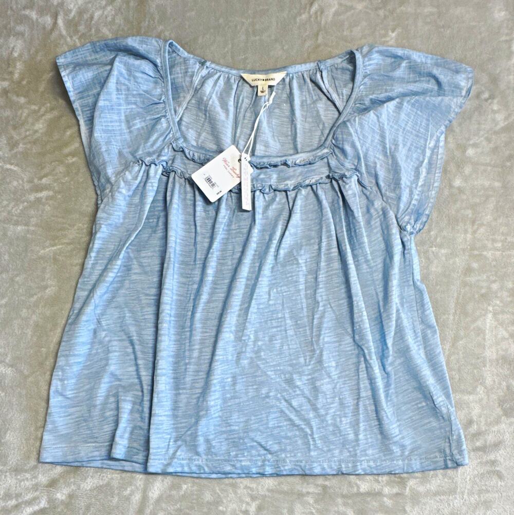 Lucky Brand Womens Top L Blue Square Neck Cap Sleeve Ruffle 100% Cotton Knit